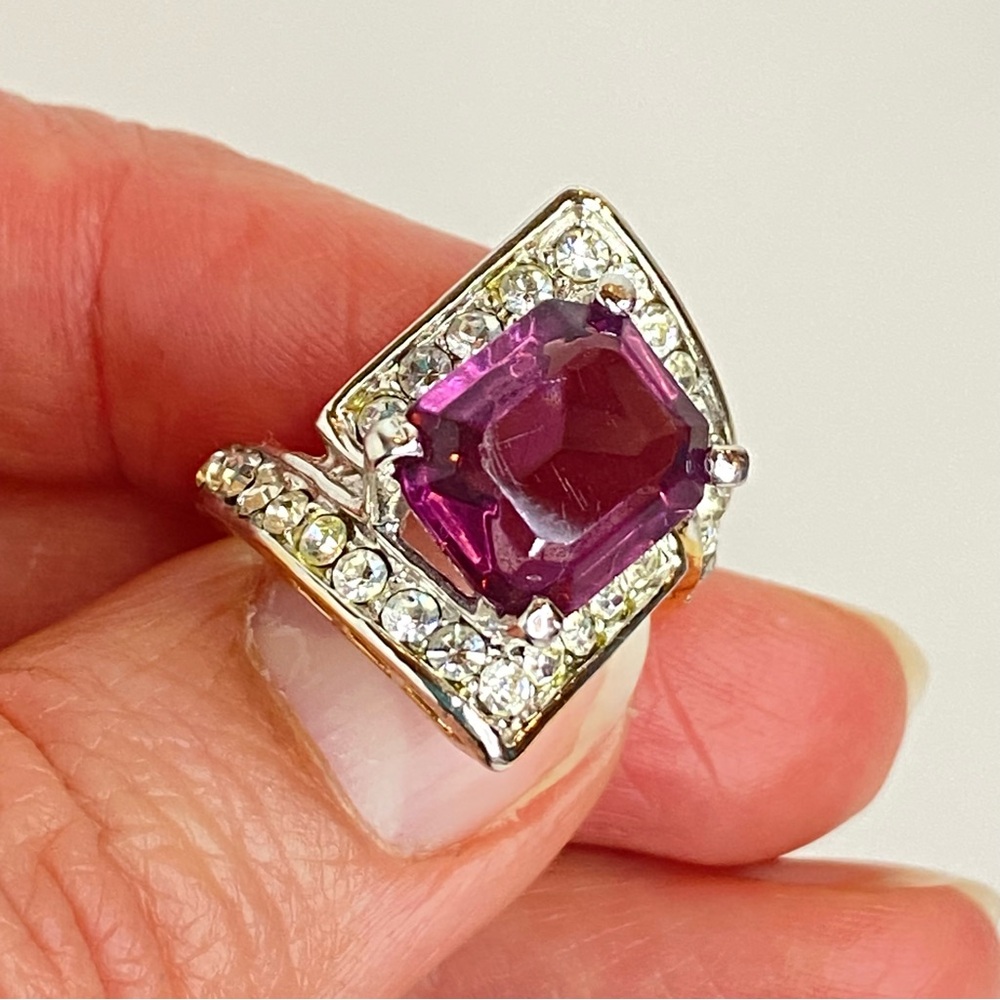 Vintage 18KGE Art Deco Style Emerald Cut Amethyst Crystal Cocktail Ring SZ 7.25 - Picture 2 of 10